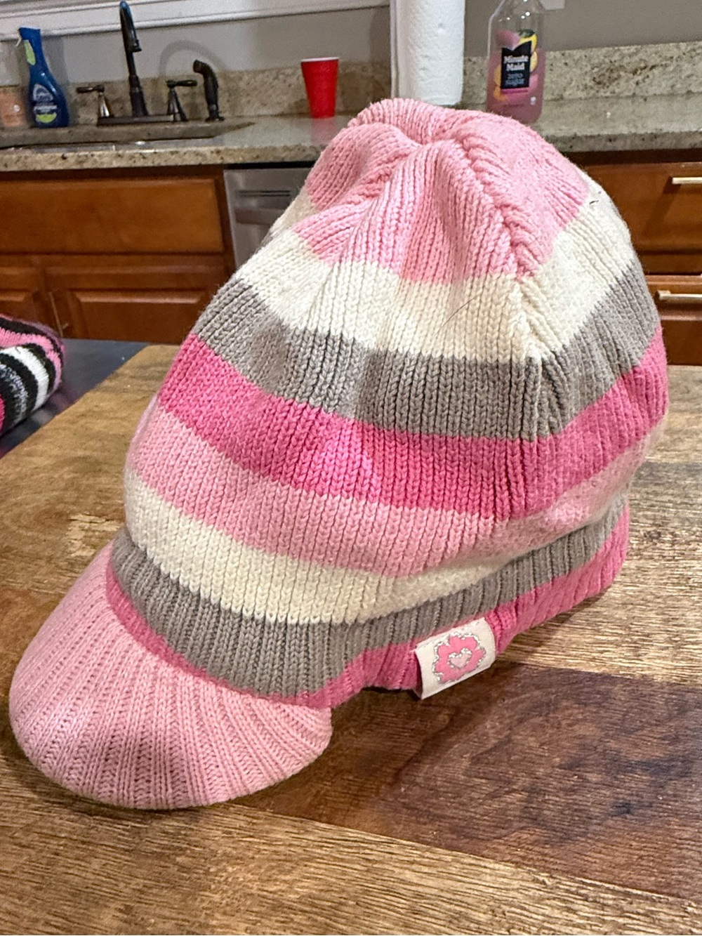 The Children's Place Pink, Cream & Gray Striped Visor Beanie